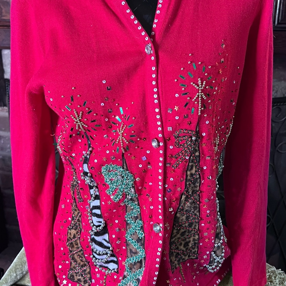 Not "Ugly" Red Embellished Christmas Sweater with unique Accents, size M
